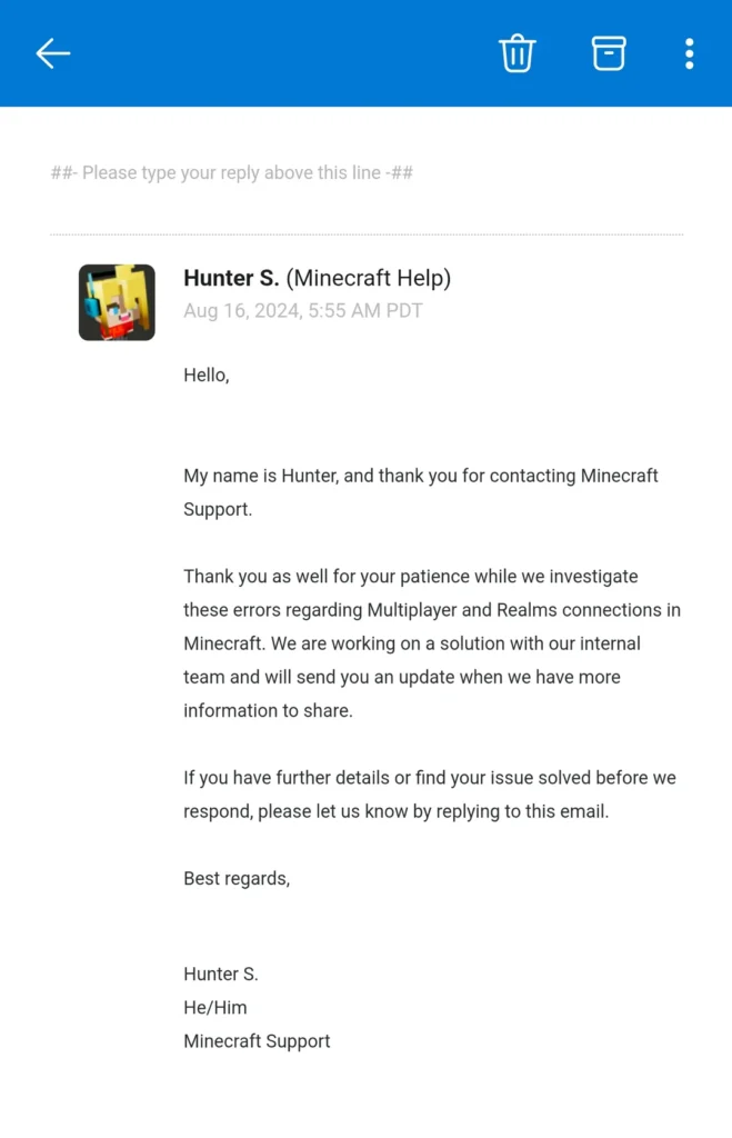 Minecraft relams customer support message